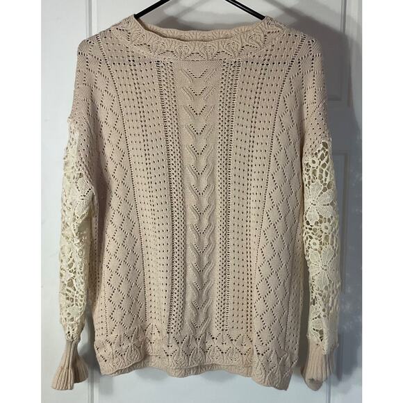 Unbranded Sweaters - Unbranded Cream Pointelle & Crochet Knit Pullover Sweater Cottagecore Boho S